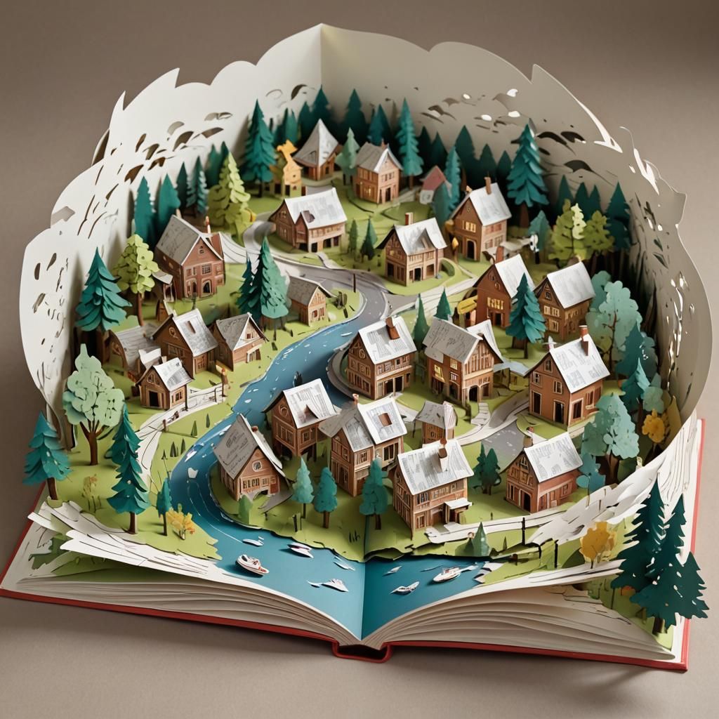 Pop up book + 2d paper village in an open book + hyperdetail...