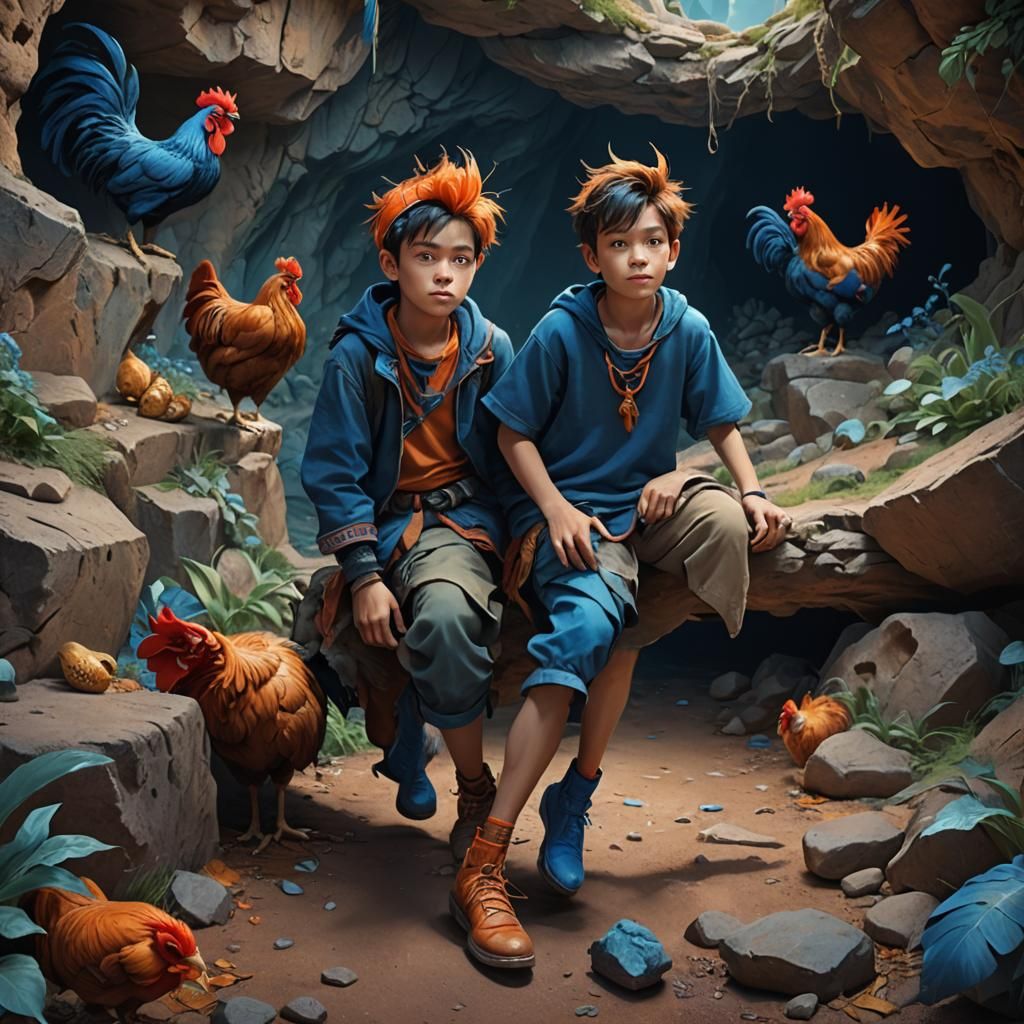 Boy with Horns and Rooster Face in Cave