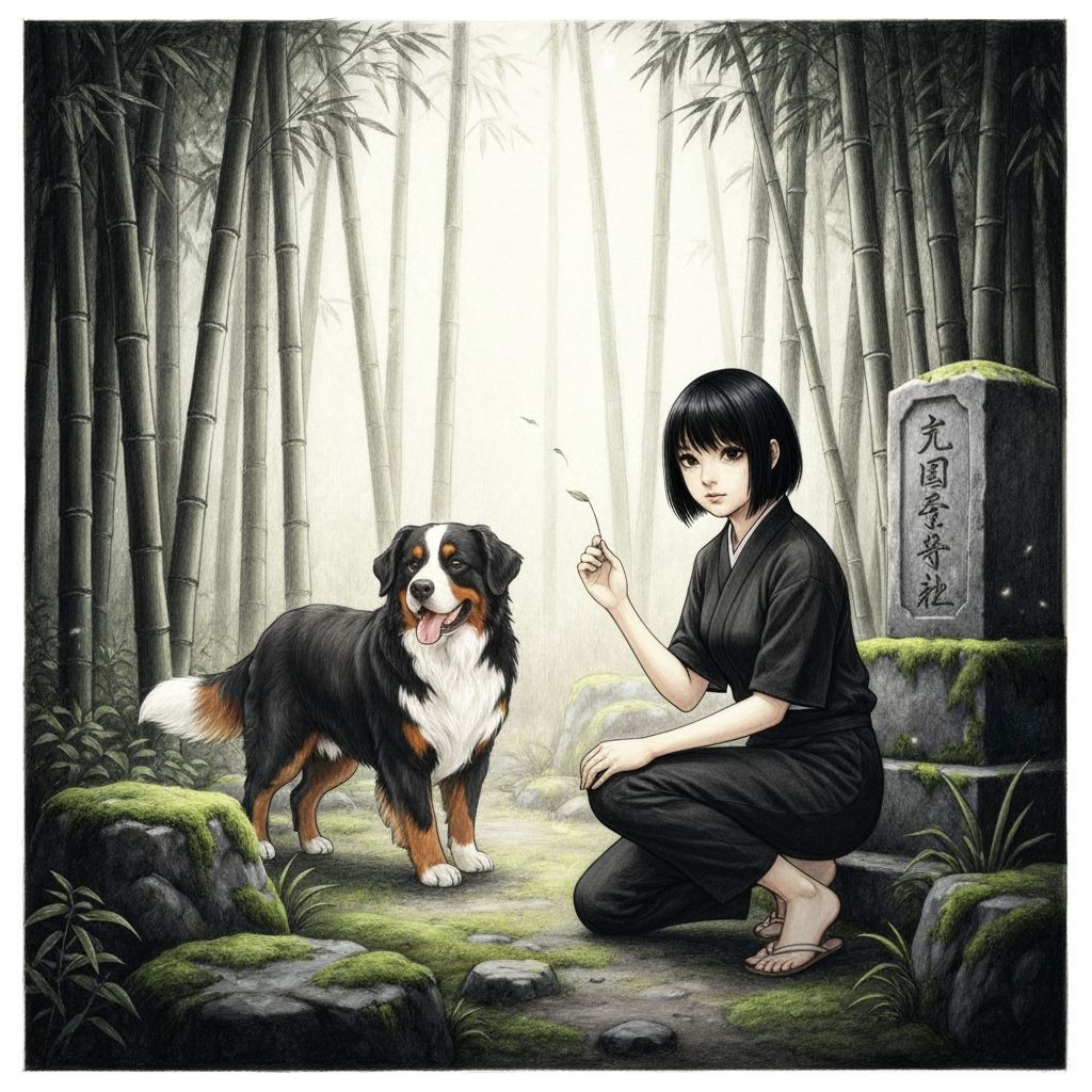 Serene Bamboo Garden with Woman and Dog in Charcoal Style