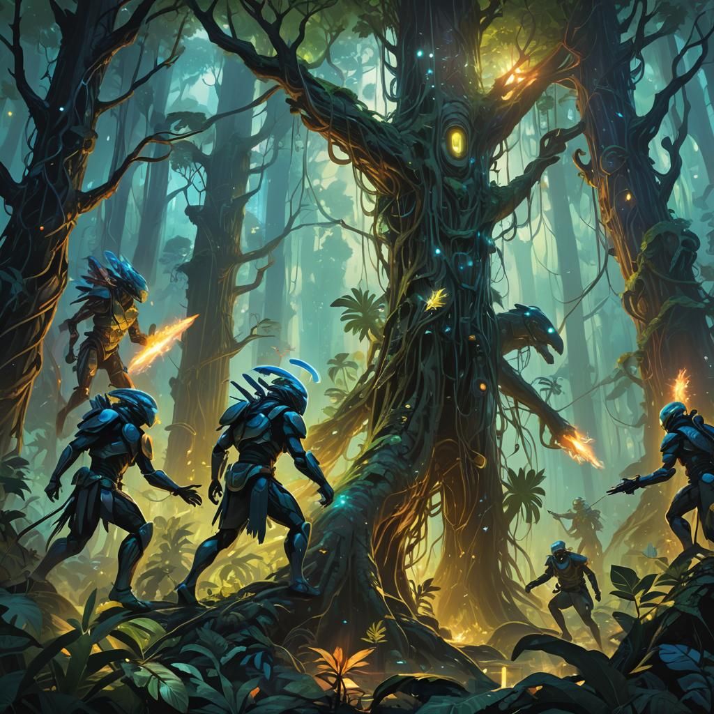 Bioluminescent Rainforest Defense in Vibrant Oil Painting