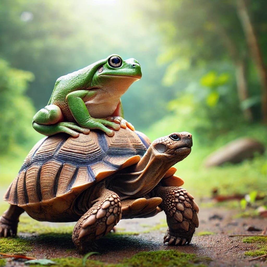 📞 A frog hitching a ride on top of a Tortoise