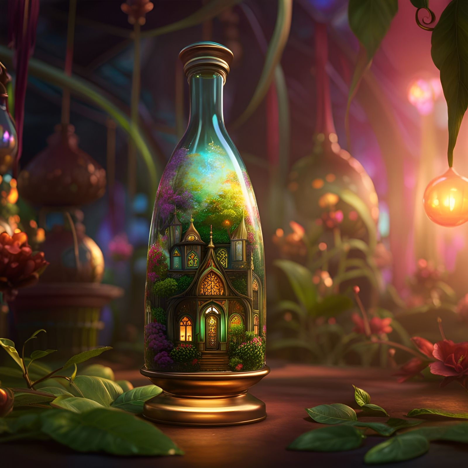 Beautiful Fairy House in a Tall Carnival Glass Bottle