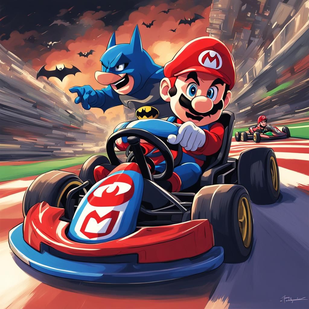 Go-kart race between Mario and Batman