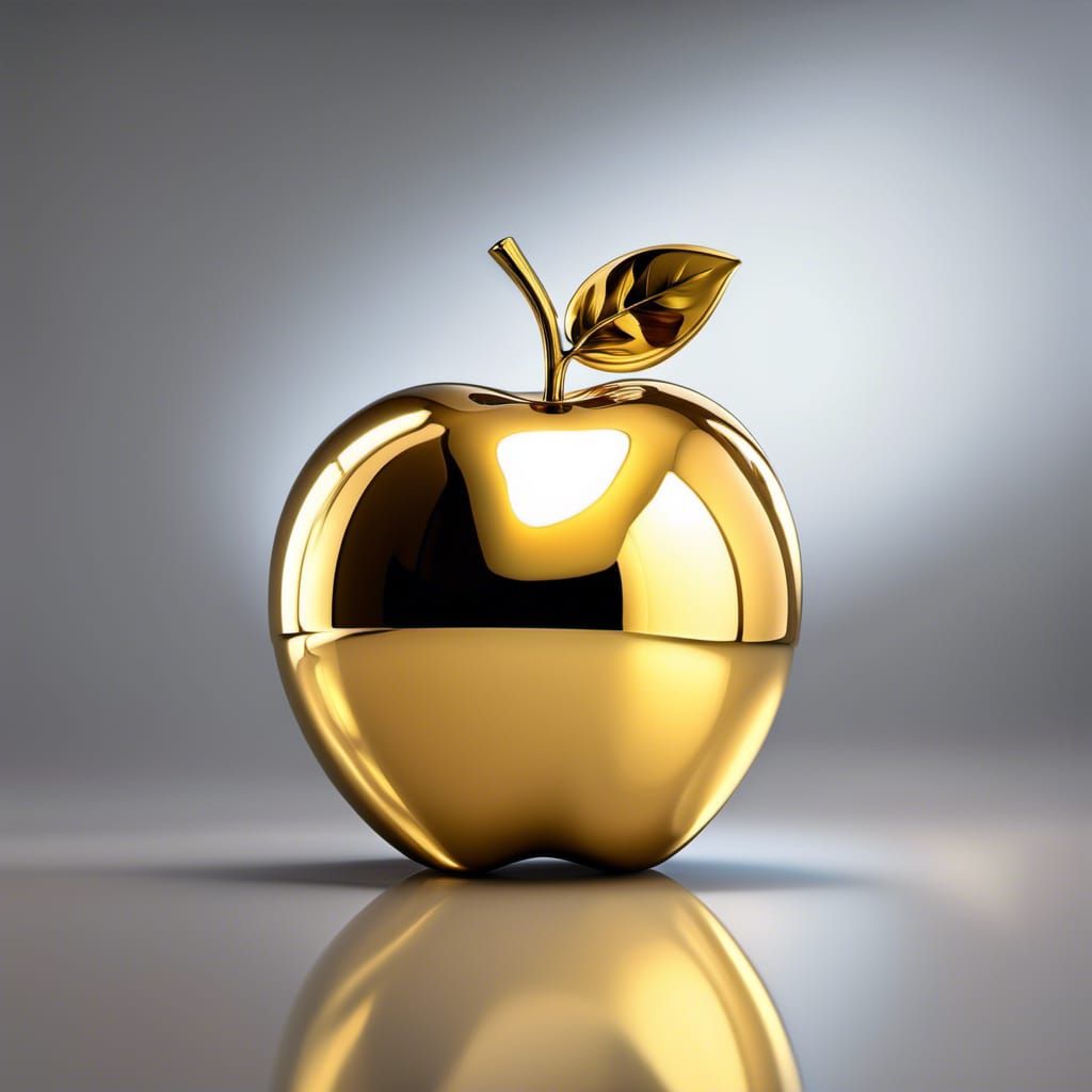 a photograph portrait of a Perfect Golden Apple Mirrored Chrome Liquid ...