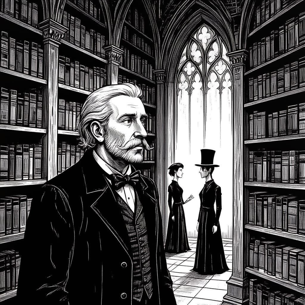A bearded man in a library in the style of Edward Gorey. Black and white