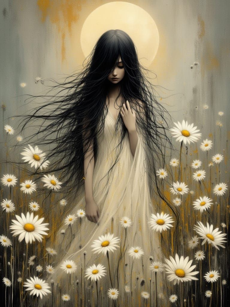 <lora:Fleur Apparition:1.0> An ethereal beauty stands beneath a glowing full moon, surrounded by colossal daisies sculpted in thick impasto ...