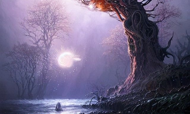 Ice Fire glowing clouds black sun glowing orbs trees branche...