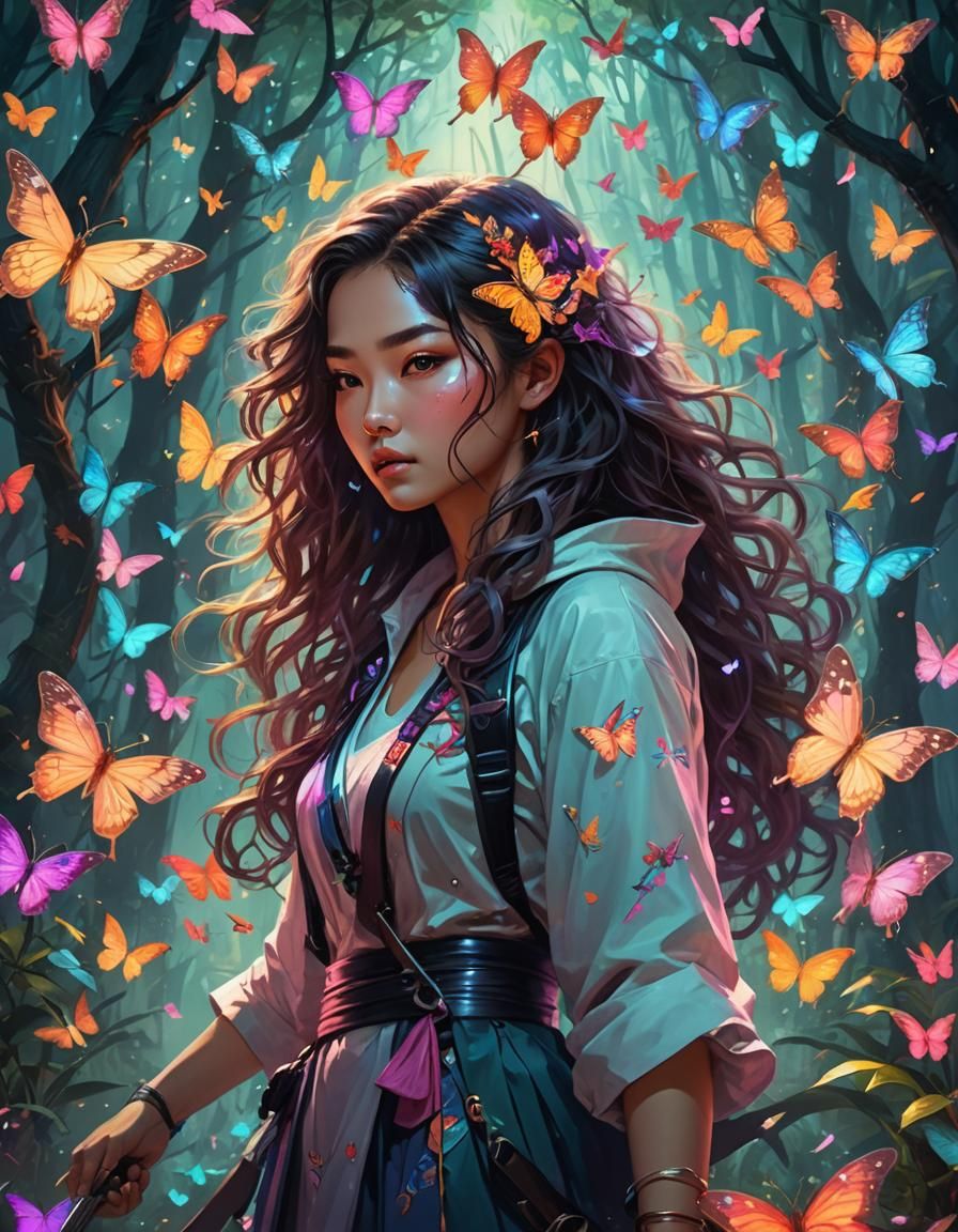 Asian woman with long curly hair, holding a weapon, magical ...