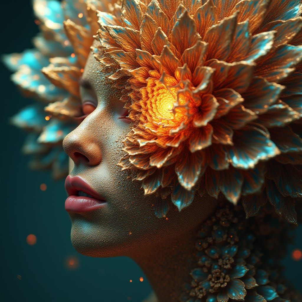 Intricate kaleidoscope fractal of metallic petals, radiating from a single glowing core, bold shapes ...  by @eriqTheStoryTeller