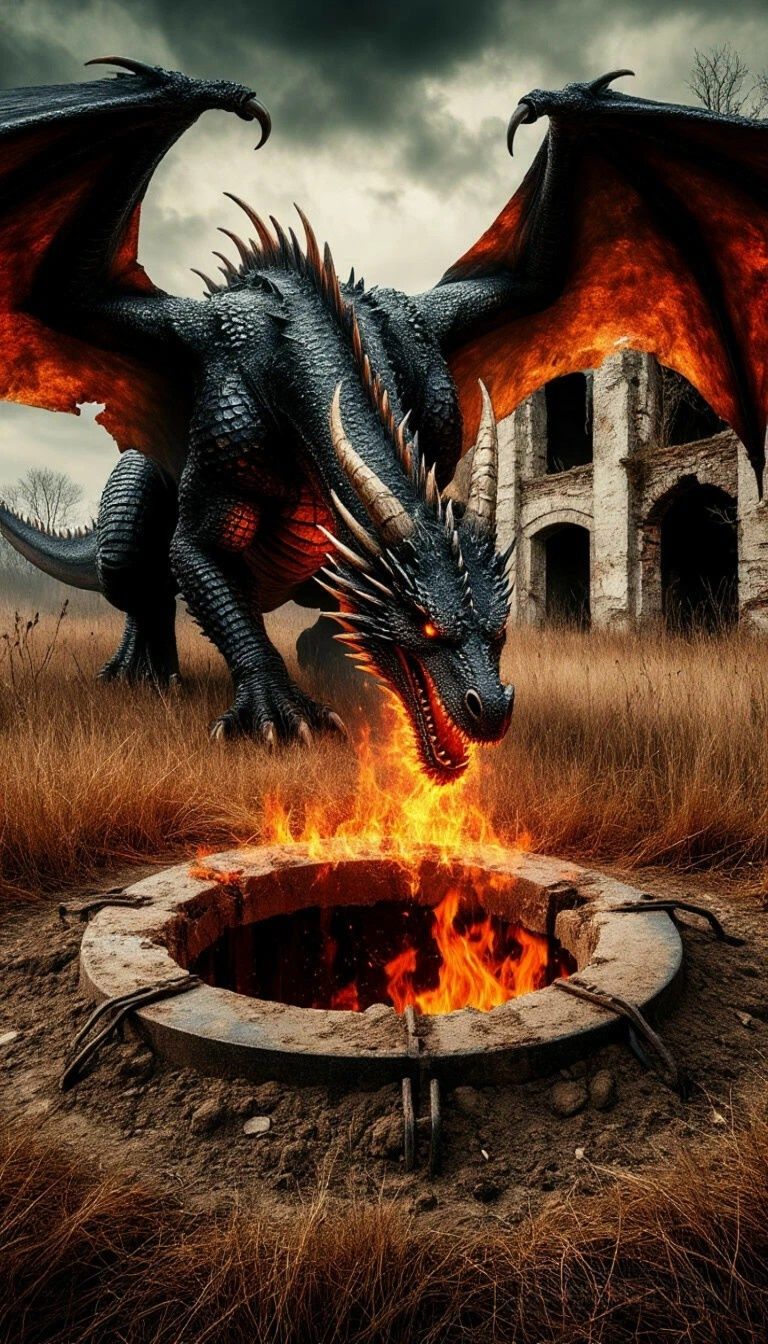 The dragon breaks open the trapdoor leading to the dungeon