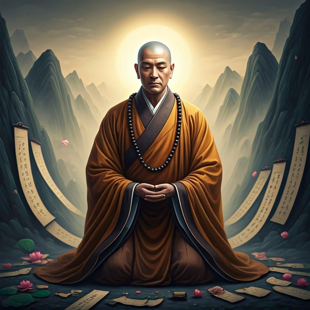 Wise Monk Contemplating Wisdom in Misty Mountains