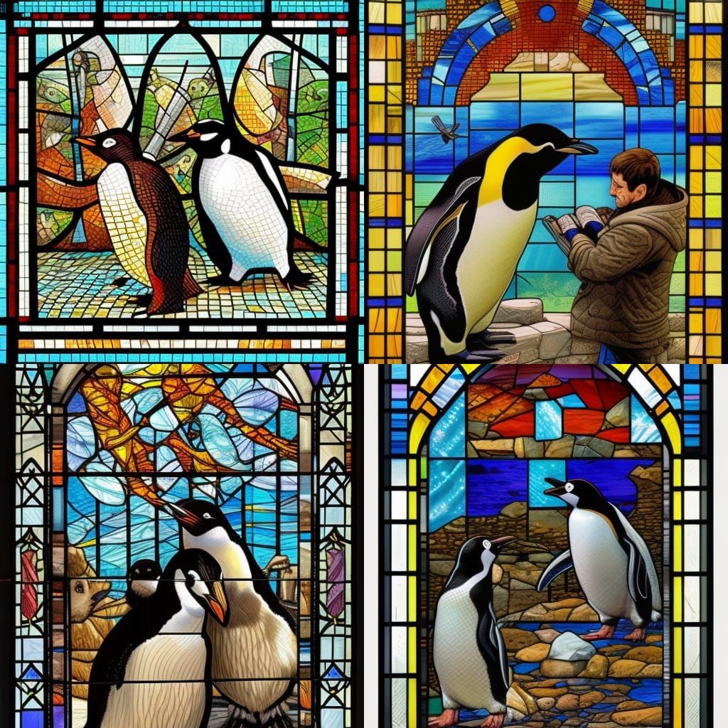 penguins in a stainedglass mosaic form AI Generated Artwork