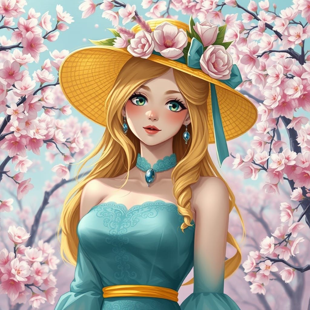 Justine in a field of sakura trees