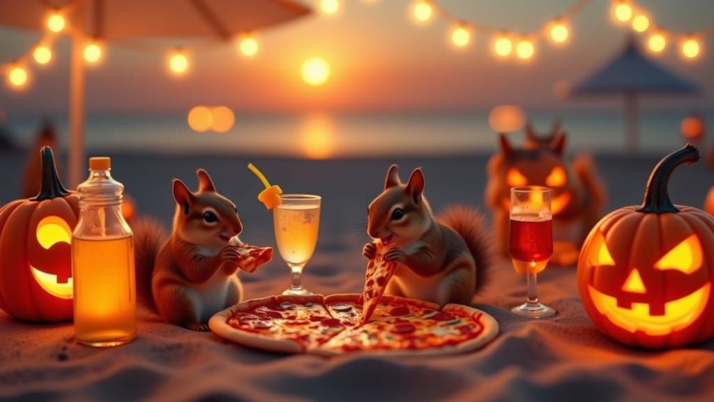 In the style of <lora:Squirrel Adventures:1.0> ground level shot of squirrels having a beach party, eating pizza, drinking fancy drinks, par...