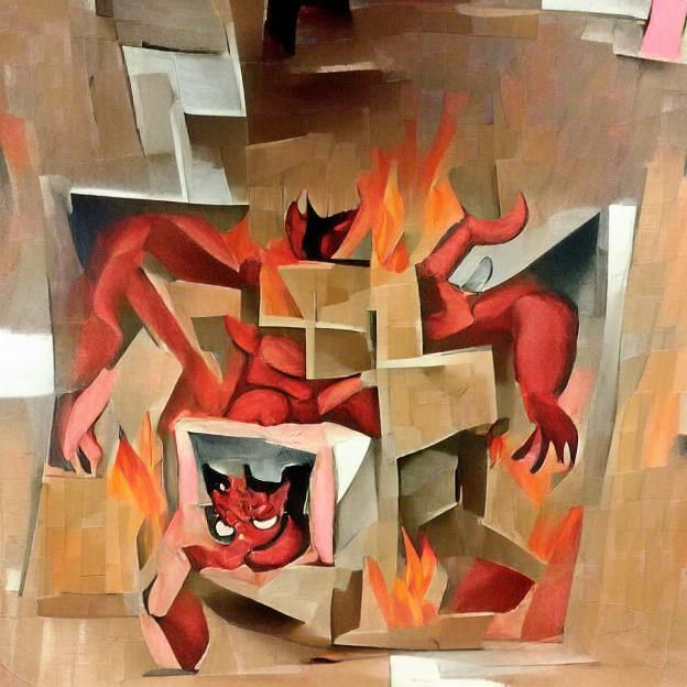 A cubist painting of Satan crawling out of hell