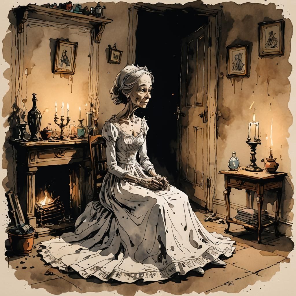 Ink sketch children's illustration of Mrs Haversham sat wear...