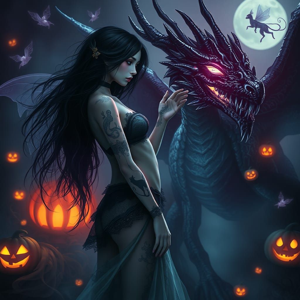 A striking and eerie scene featuring a gothic fairy and drag...