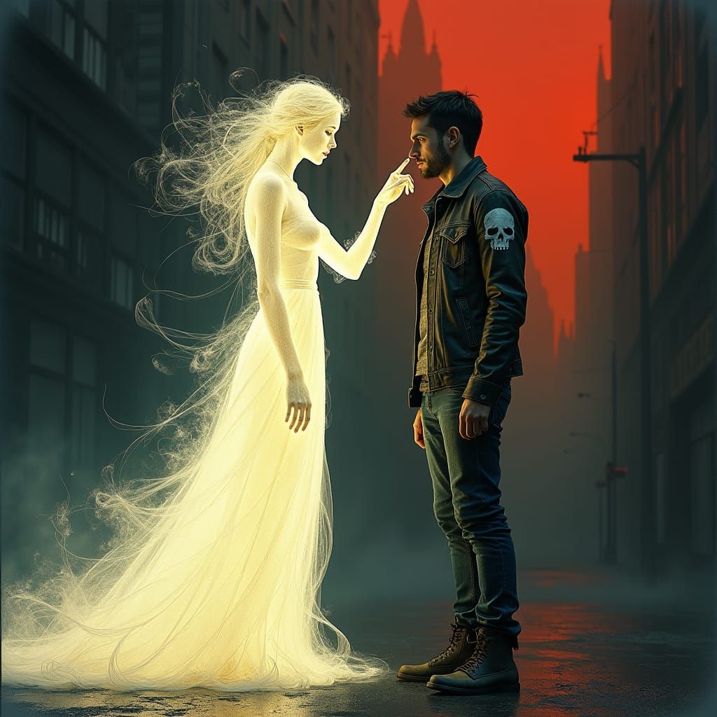 A conceptual art piece with a glowing silhouette of a woman and a man. The woman is crafted from fine...