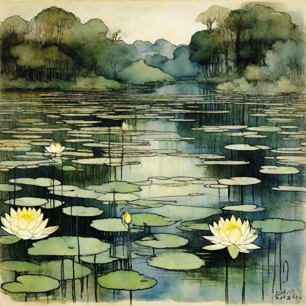 Vibrant lotus pond Arthur Rackham  by @g r r c