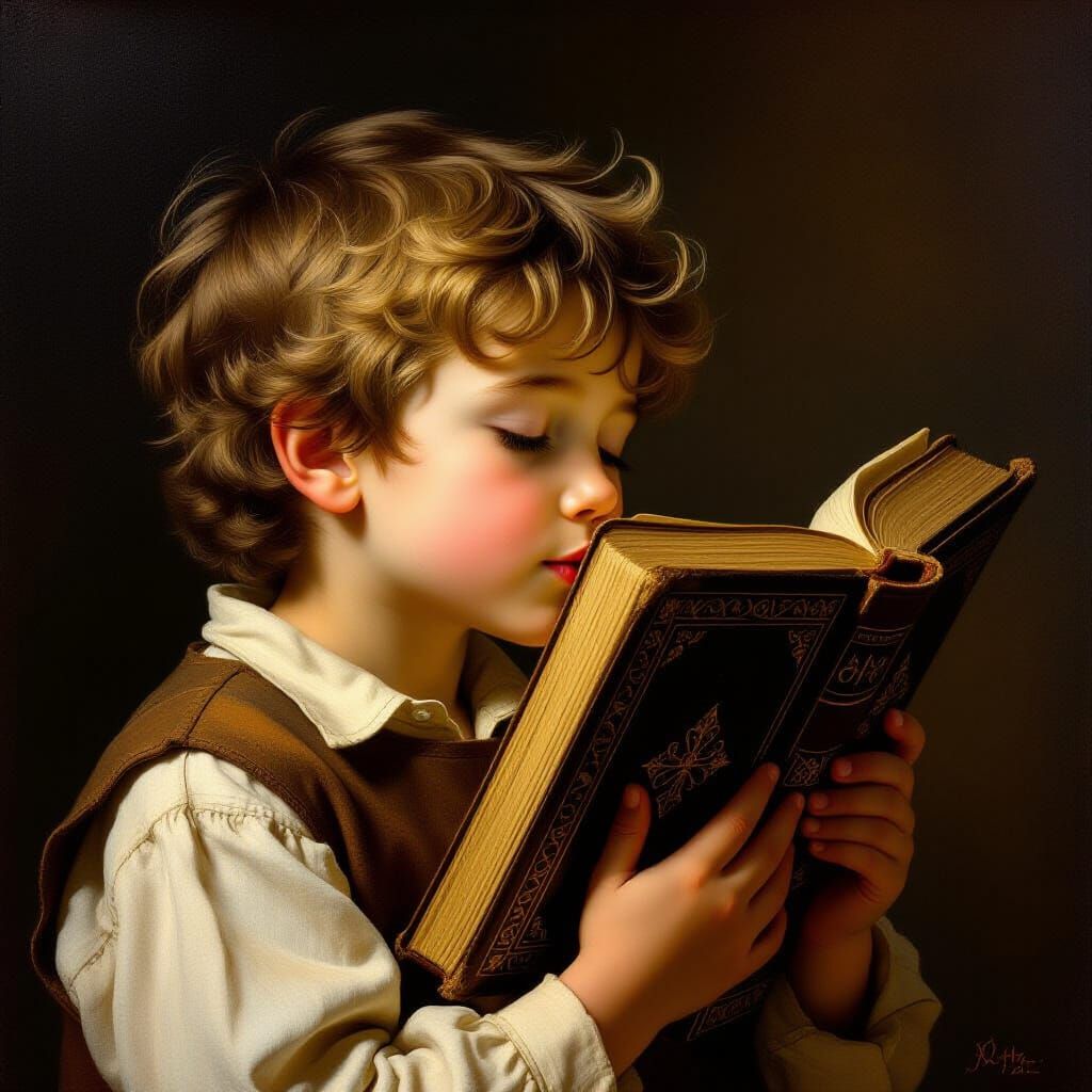Boy Kisses Holy Book in Classical Painting Style