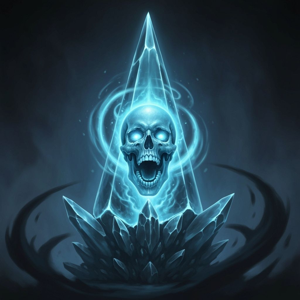 A big, luminous soul crystal encases a spectral skull, glowing with a chilling blue light. The crystal, sharp-edged and tapering to a pointe...