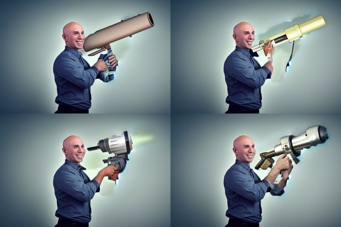 Bald man holding a minigun