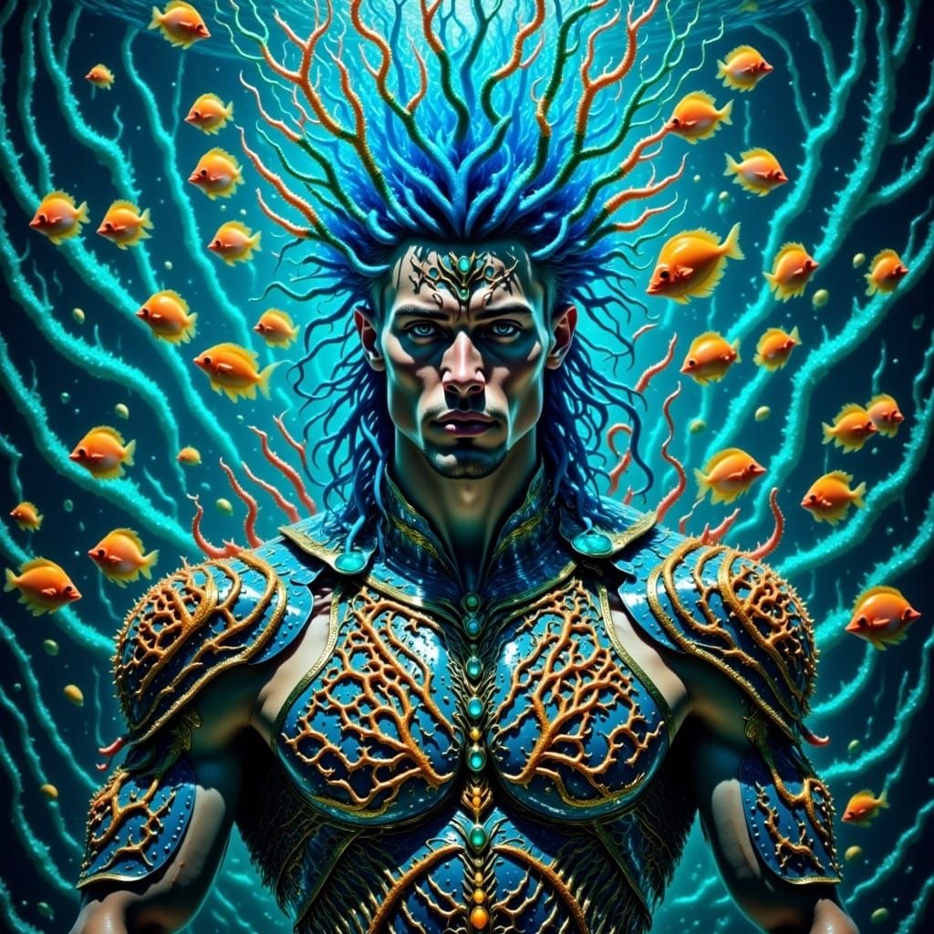 handsome 22 year old guy intricate coral armor blue hair under water with tropical fish swimming at the back full body photography; canon le...