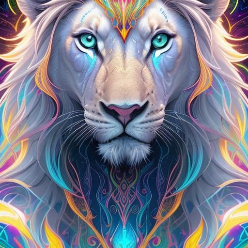 luminous colors, golden outlines, portrait of a white glass lion ...