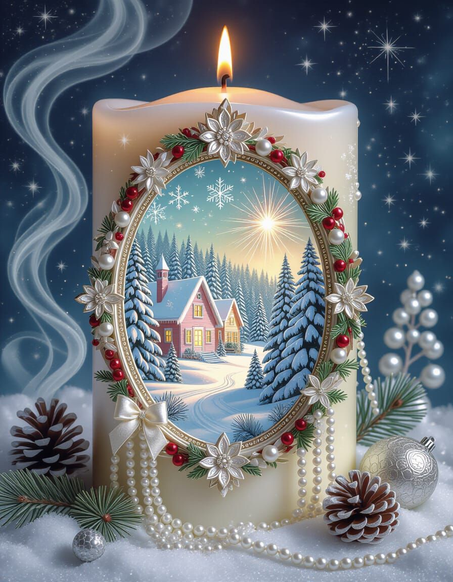 Ornate Christmas Candle with Surreal Winter Village