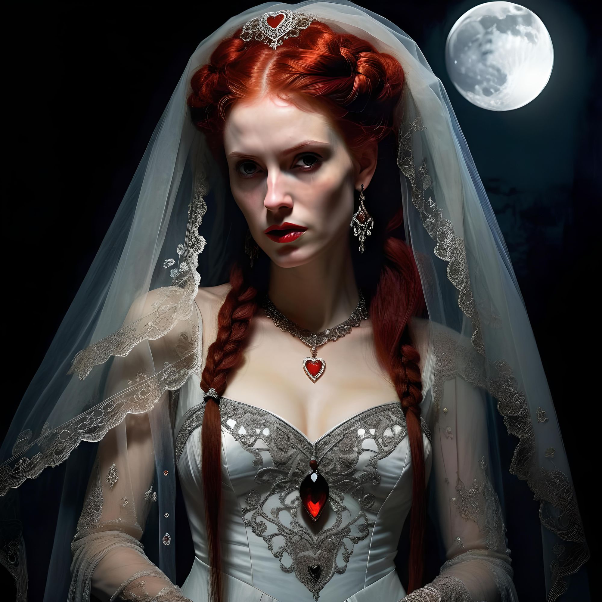 Vampiress, Wife of Dracula, Elena long red hair in an updo with braids and brown eyes, heart-shaped face, veil standing in near total darkne...