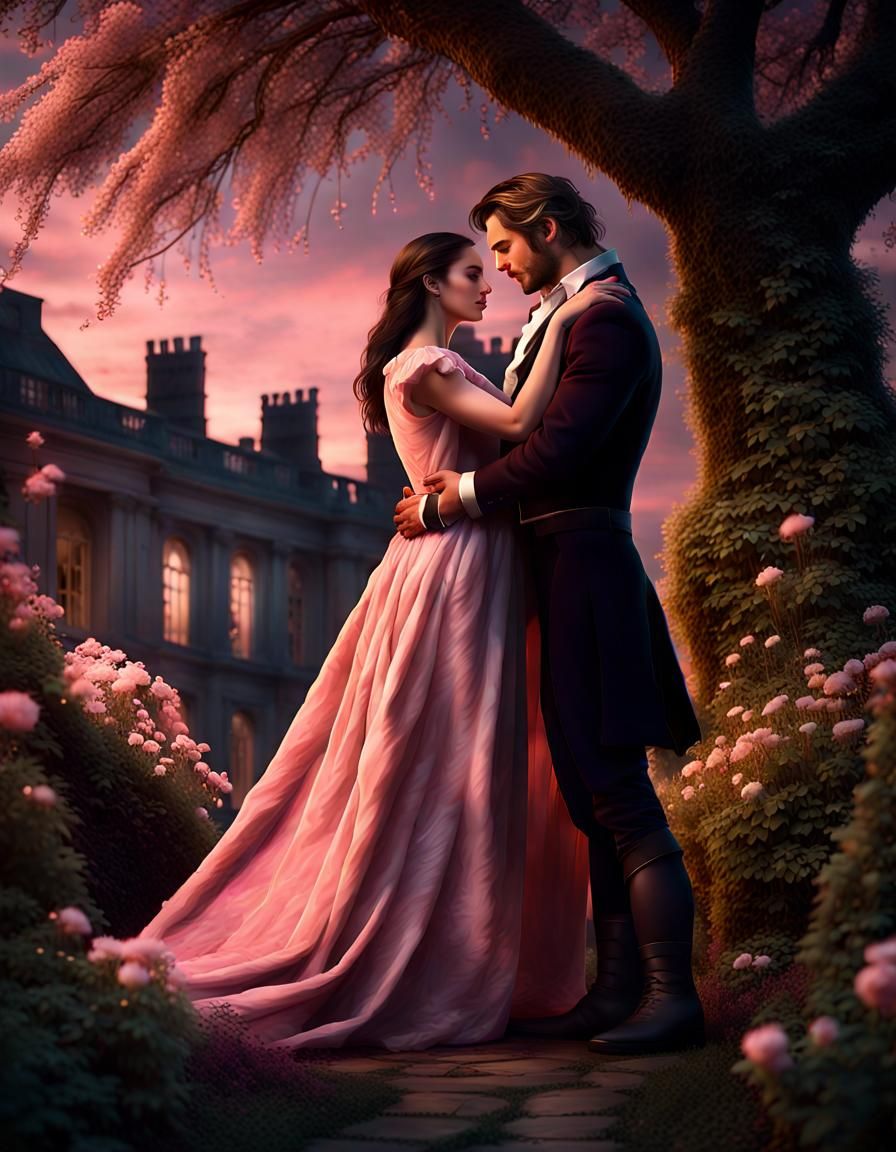 woman and man embracing in a garden at twilight. Dark brown haired ...