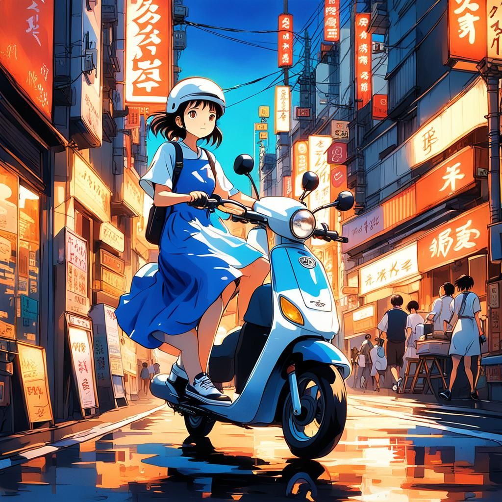 Girl Rides Scooter in Tokyo Sunset, Ghibli Anime