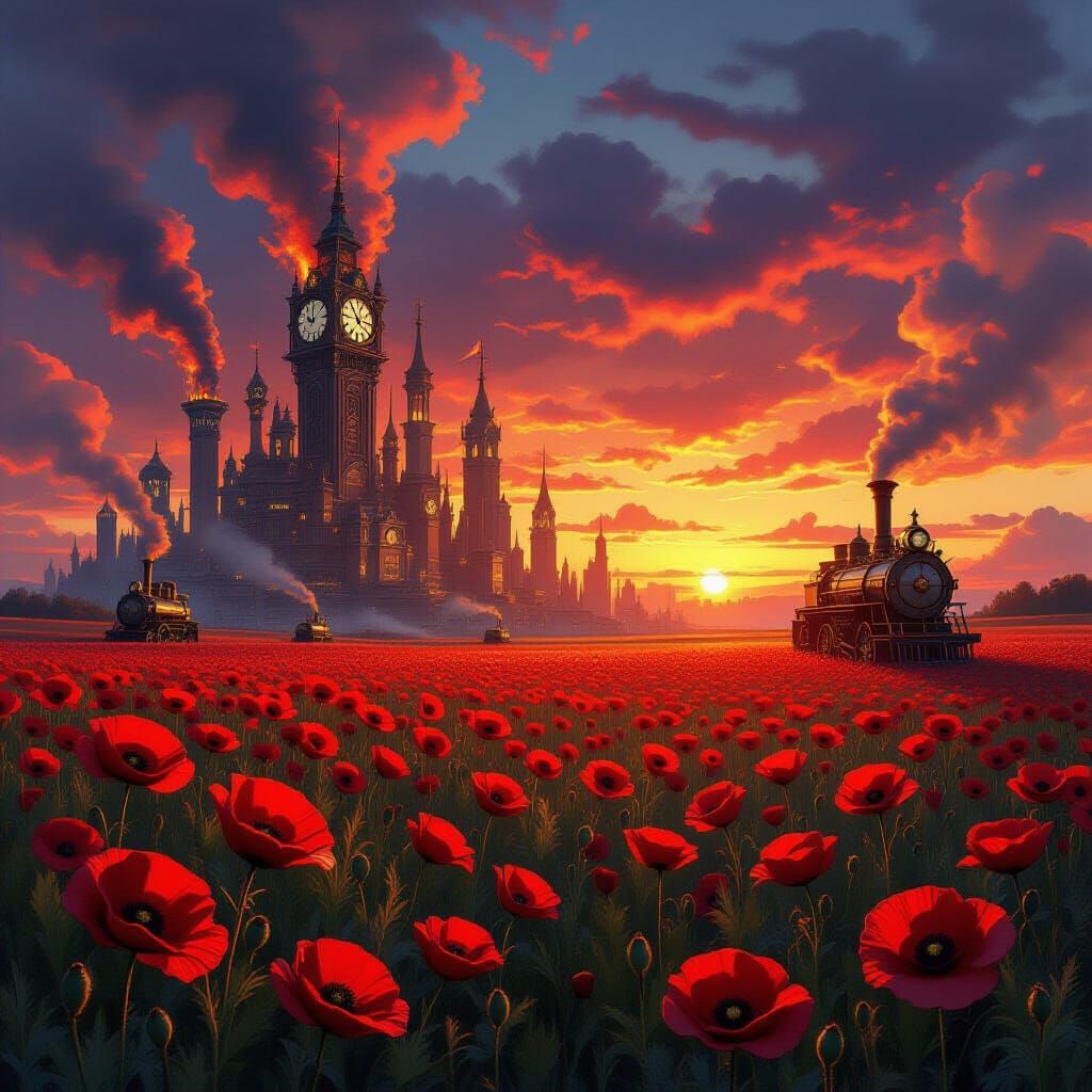 Burning Clockwork City in Field of Poppies