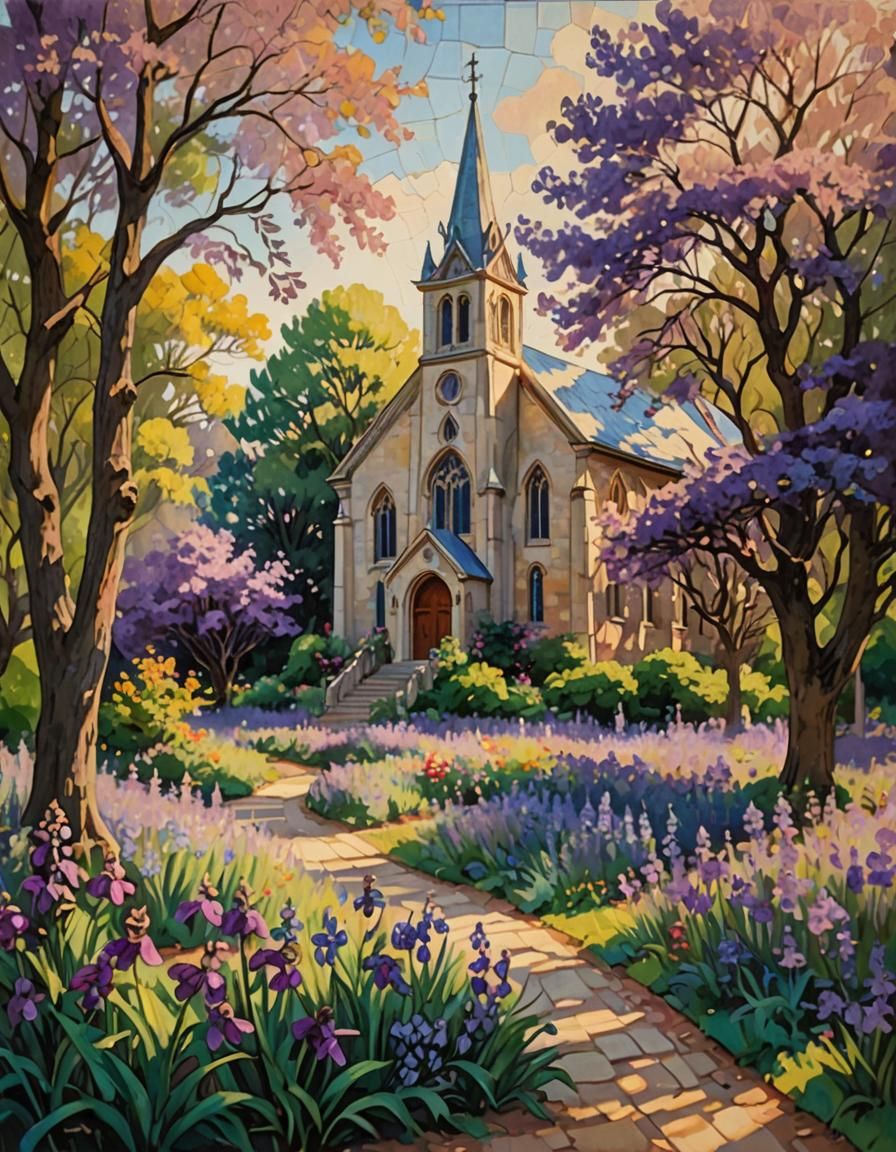impressionism. Medium shot. A country church building with i...