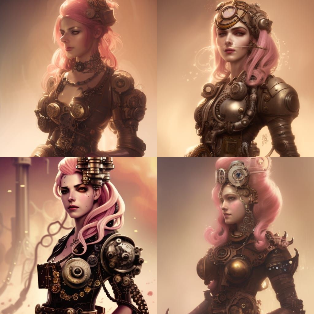 portrait of a middle-eastern steampunk woman, pale-pink hair...