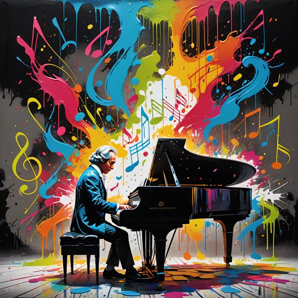  Create a live like illustration of mozart sits playing a piano. The moment becomes so magical the the very music note he played became visi...