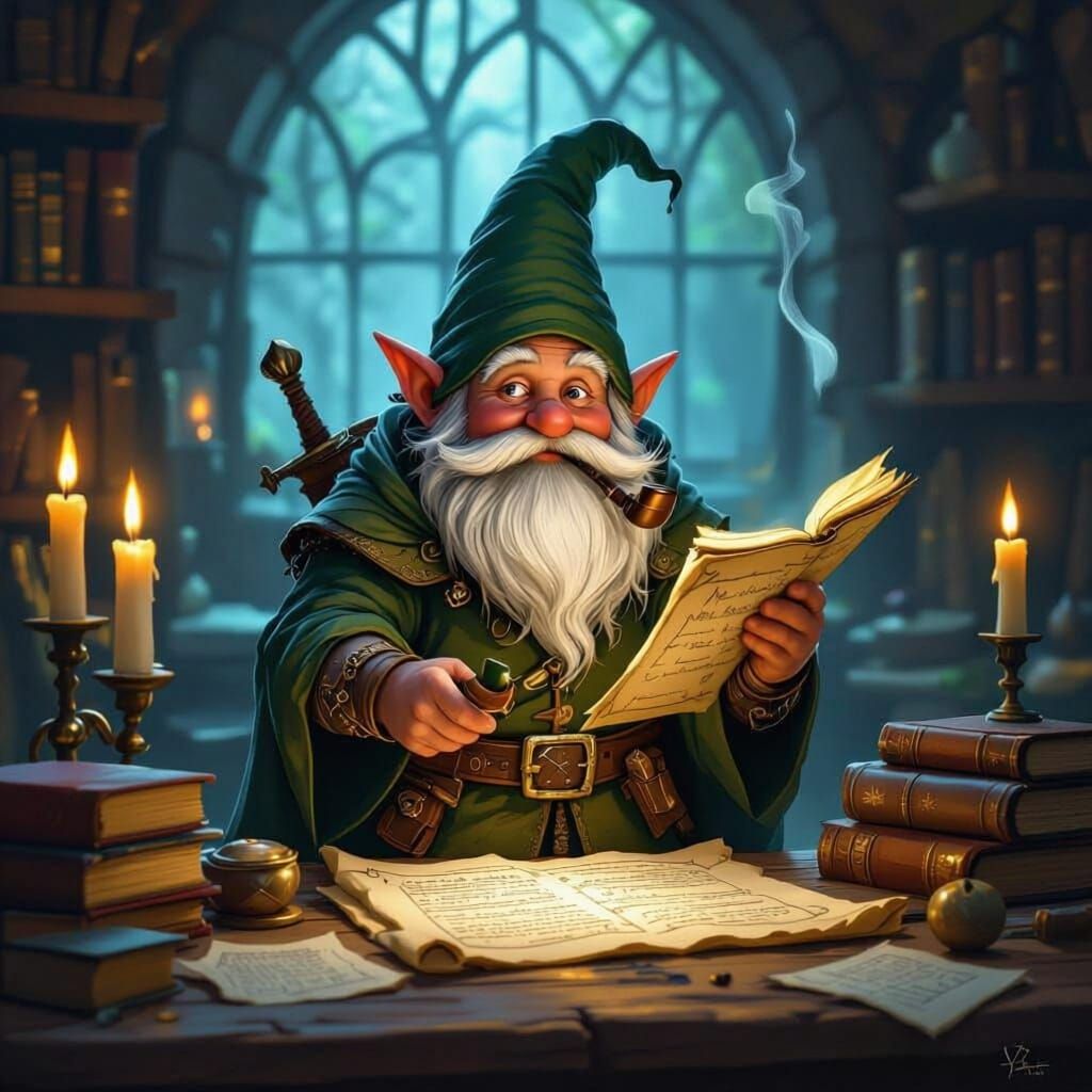 A gnome mage is standing in his study, at his desk, pouring over a new spell scroll he wants to add to his spell book.  Don’t make him look ...