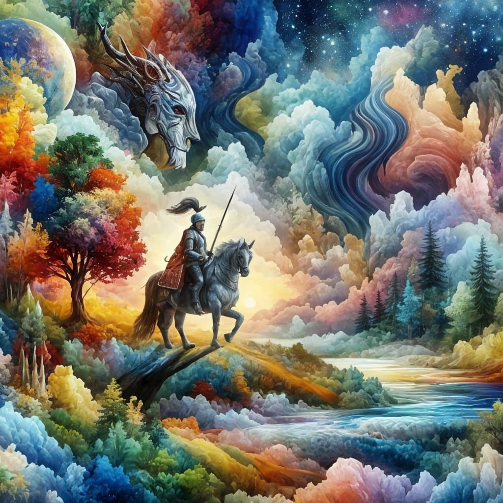 Surreal Landscape with Knight in Double Exposure Style
