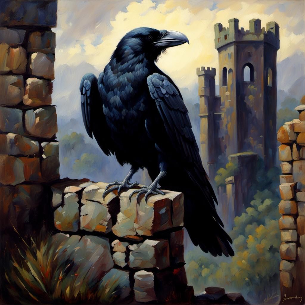 A large black raven sits on the ruined wall of an old castle