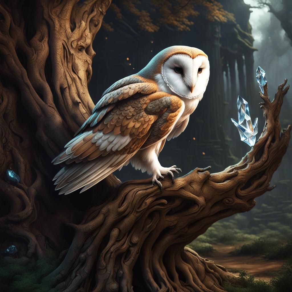 a barn owl sitting in an ancient tree  by @WOLFIE