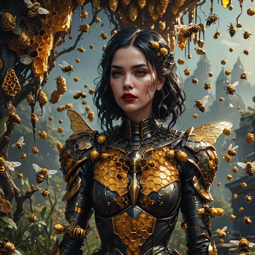 Bee Lady with honey comb suit. Dripping honey. red lips. Bla...