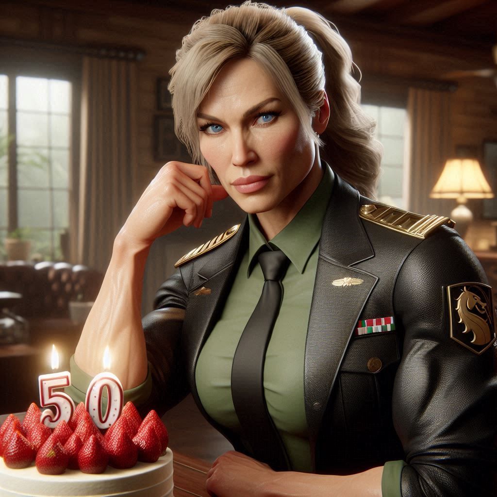 General Sonya Blade celebrating her 50th birthday with a strawberry birthday cake