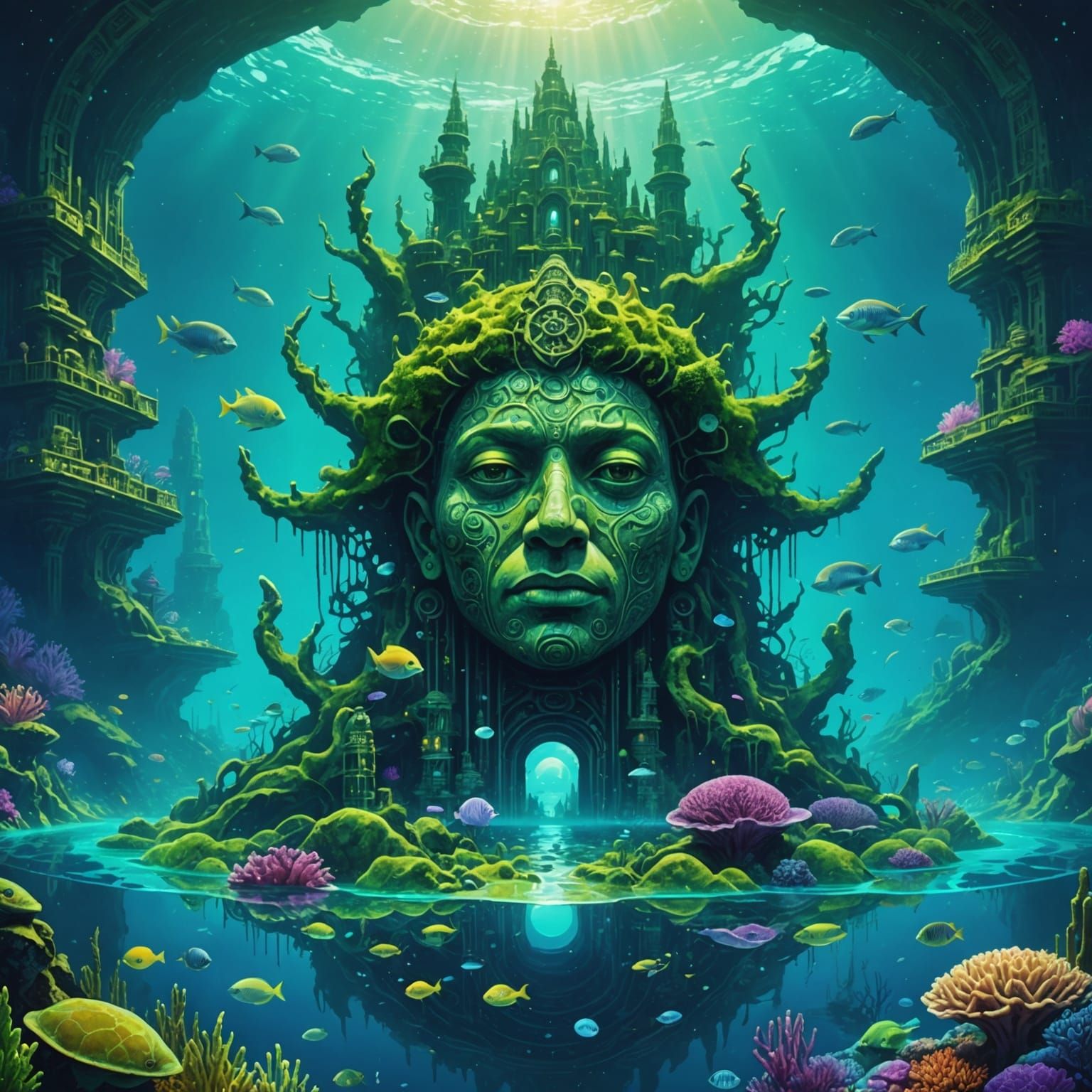 A picture deep under the waters of the ocean , where huge id...