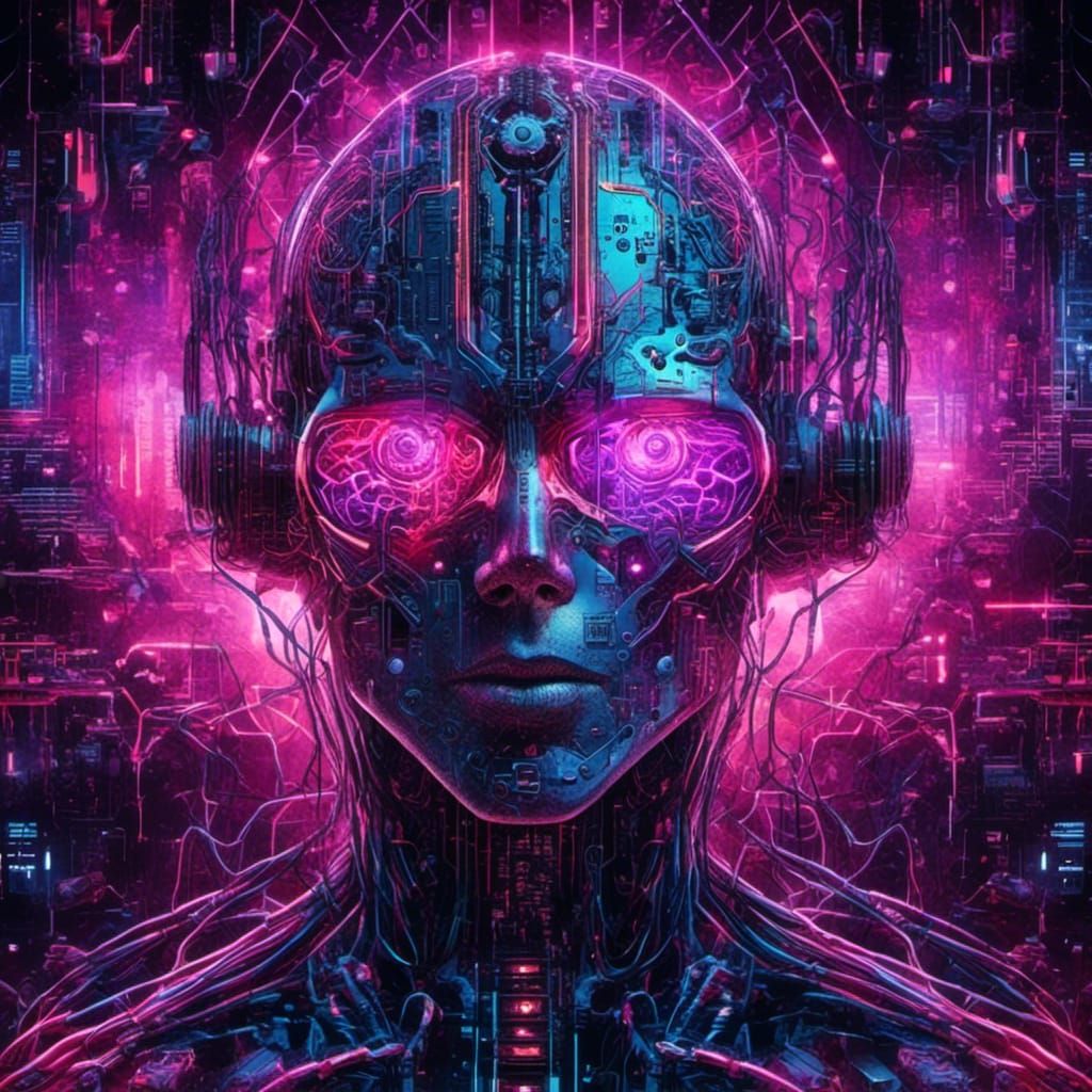 <lora:MixedMediYum:1.0> epic watercolor cyberpunk_humanoid_cyborg_brain_head!!! :: hyperrealistic :: synthwave 2099, neon, retro, inside a c...