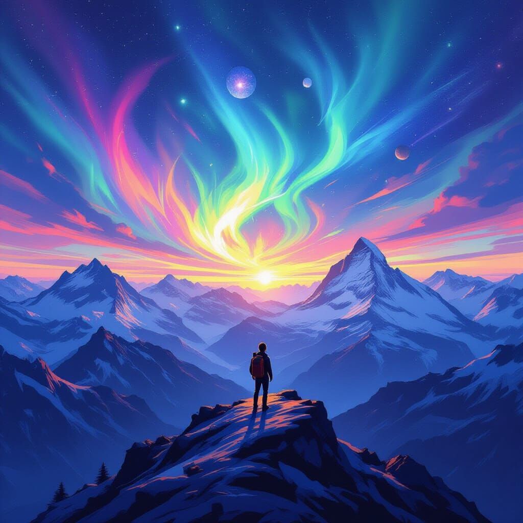 A lone hiker stands on a jagged ridge overlooking a vast expanse of the Swiss Alps, rendered in a dramatic, almost abstract, style. The sky ...