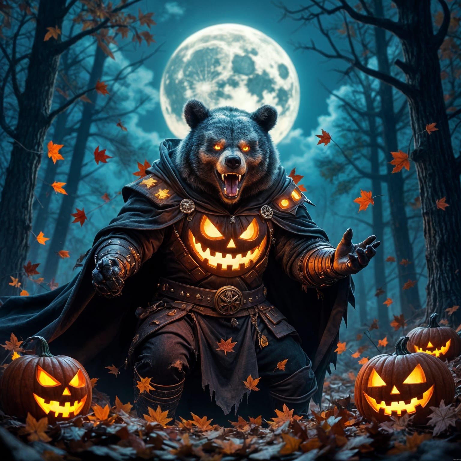 A furious bear dressed in Halloween costume — glowing pumpkin armor, tattered cloak, and a skull mask. ...  by @Zhopen