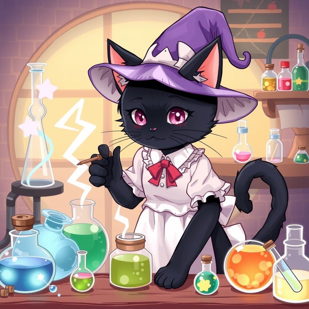 Kawaii Black Cat Witch Concocting Potion: Anime Artwork