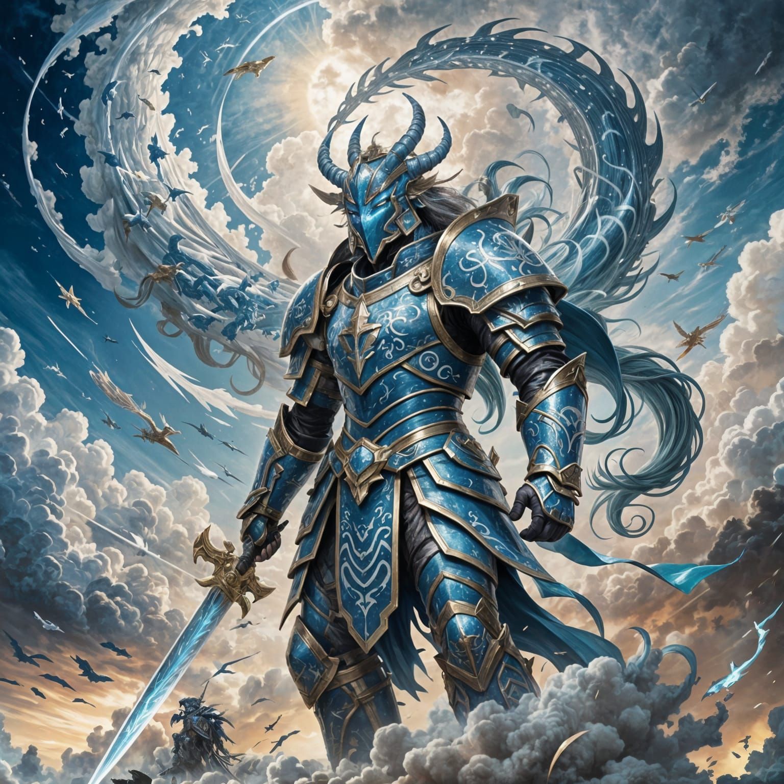A celestial warrior, adorned in armor made from the sky, controlling cloud formations. His army forms ...  by @ZoE