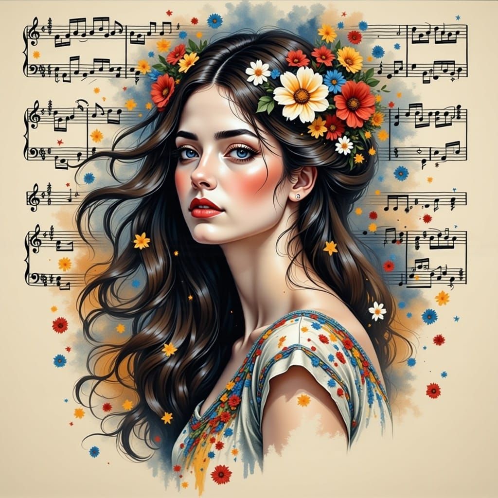 woman beauty pretty , 
 Music Notes Magic Whimsy musical score music notes <lora:Pretty Portraits:1.0>