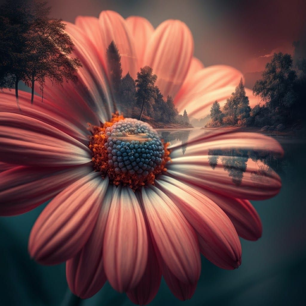 close up of a flower, each petal depicts a different landscape